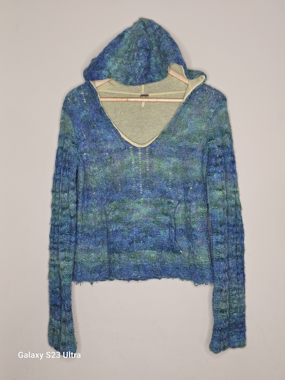 Free People Blue-Green Hooded V-Neck Sweater